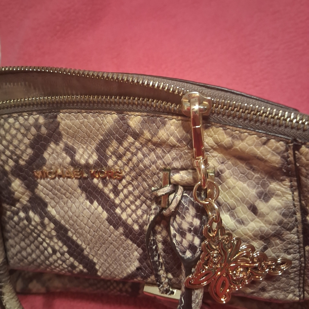 Michael Kors Brown and Tan Snake-Print Satchel with Gold Hardware - Picture 11 of 14
